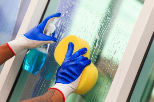 Cleaner placing a wet floor sign in a hallway